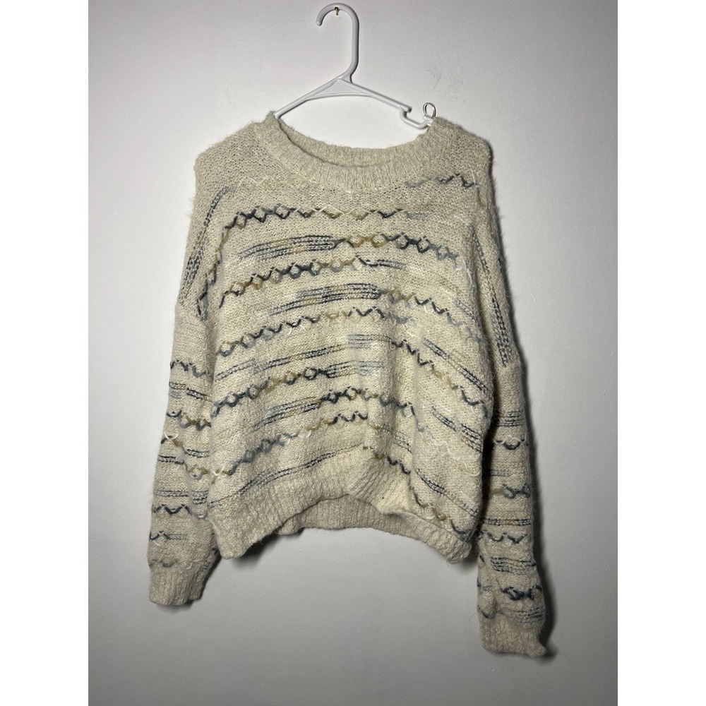 Altar'd State Women's Chunky Knit Pullover Sweater Cream W/ Blue & Brown Sz XL